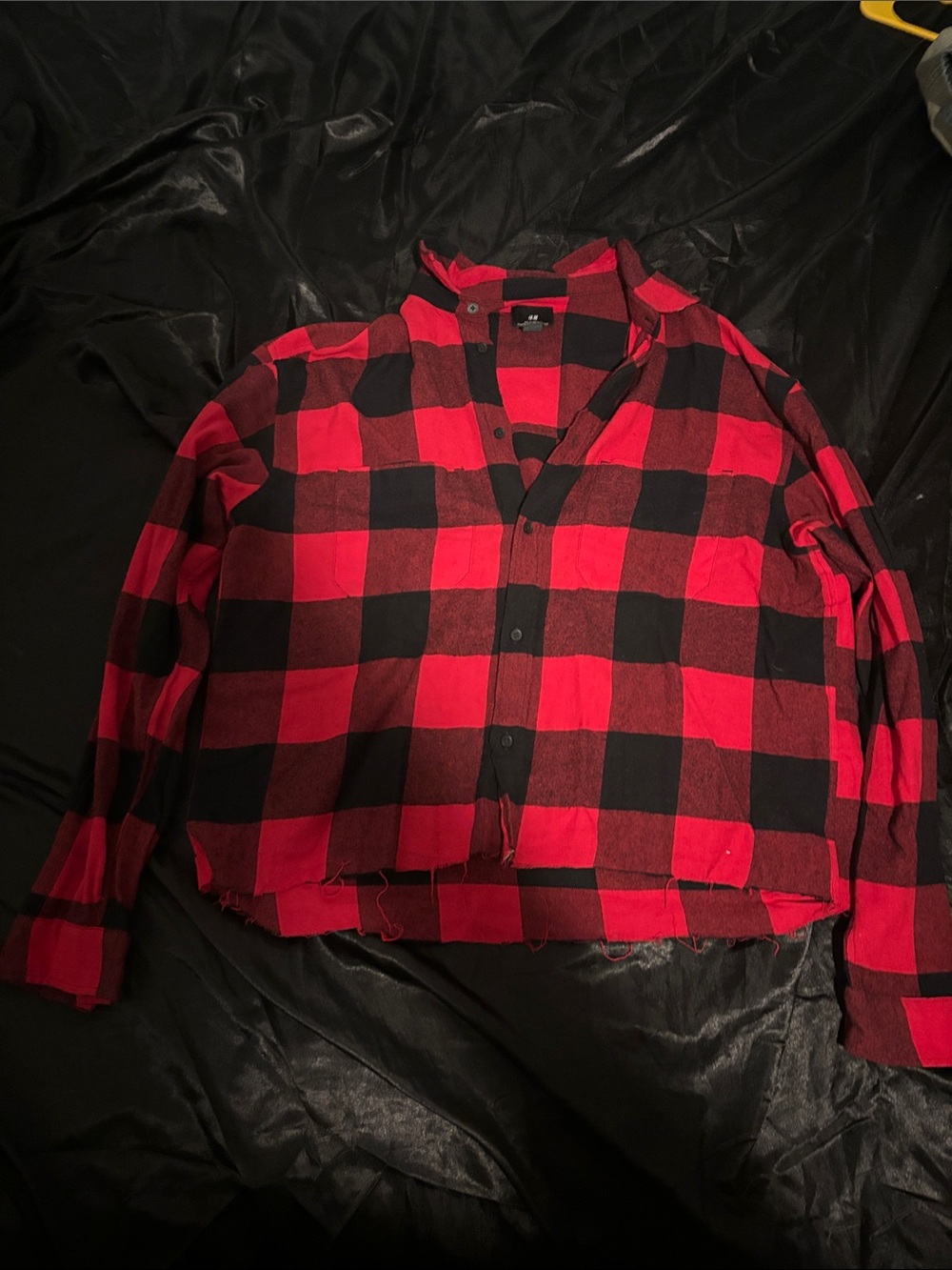 H&M Red and Black Buffalo Plaid Cropped Button-Front Jacket